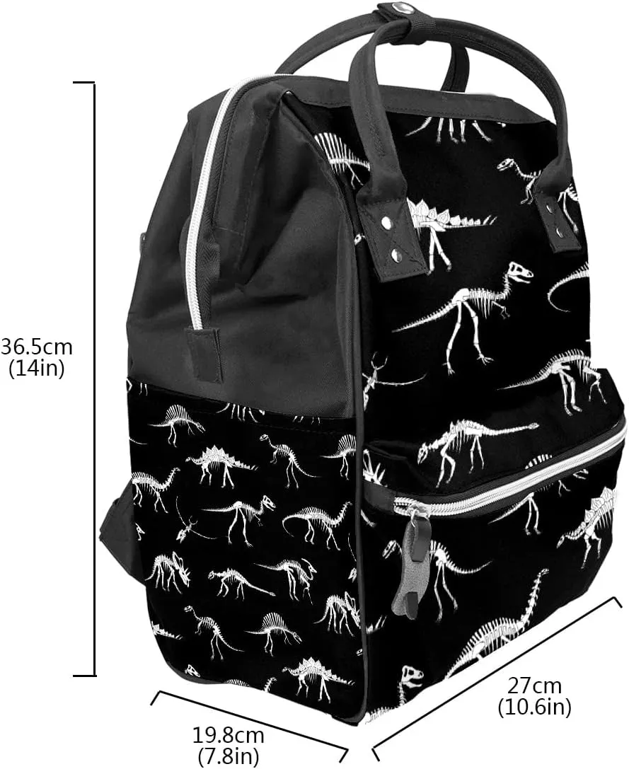 Black And White Dinosaur Skeleton Diaper Bag Travel Backpack Large Capacity Multi-Function Zipper Casual Travel Backpacks for Mom Dad Unisex