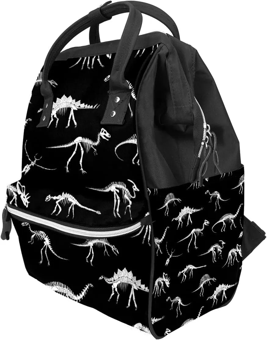 Black And White Dinosaur Skeleton Diaper Bag Travel Backpack Large Capacity Multi-Function Zipper Casual Travel Backpacks for Mom Dad Unisex