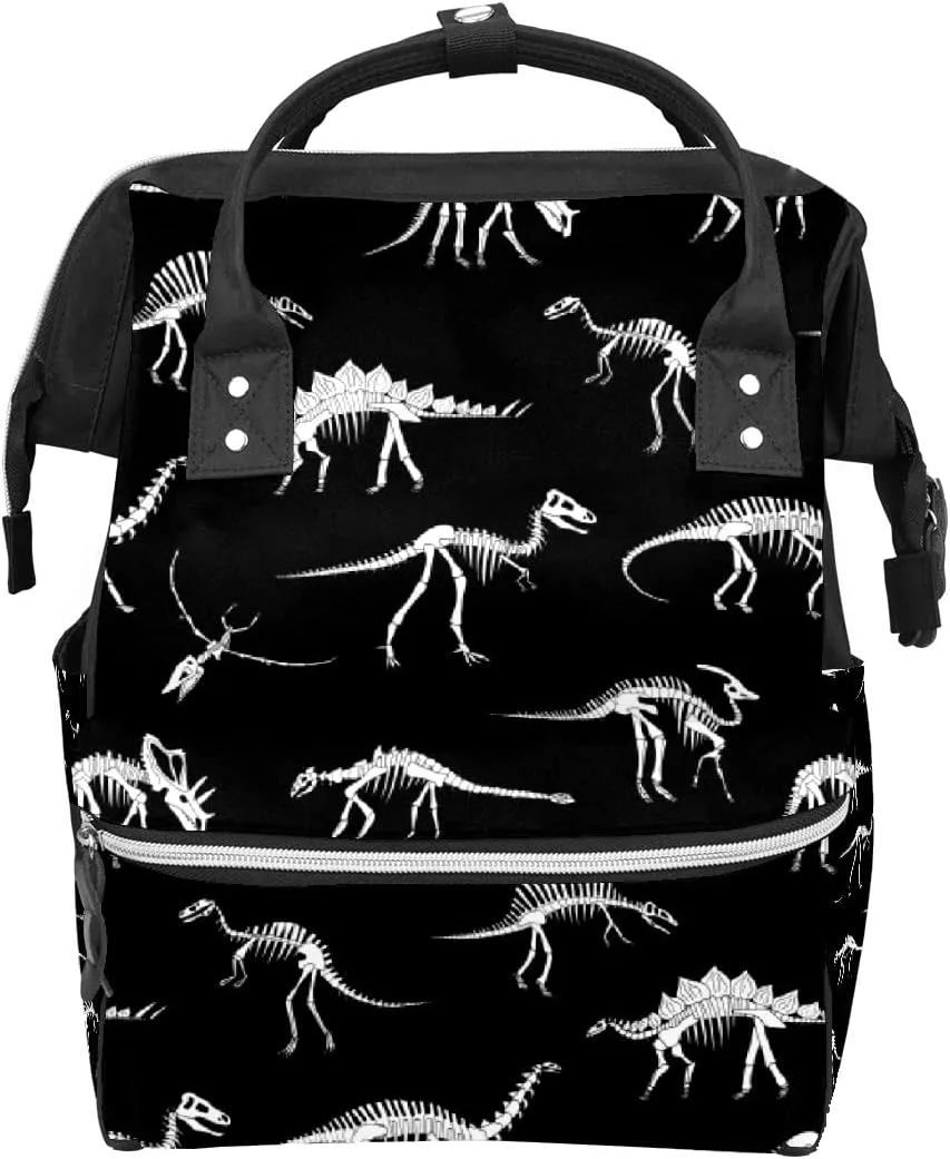 Black And White Dinosaur Skeleton Diaper Bag Travel Backpack Large Capacity Multi-Function Zipper Casual Travel Backpacks for Mom Dad Unisex