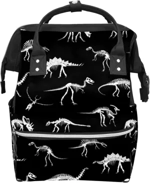 Black And White Dinosaur Skeleton Diaper Bag Travel Backpack Large Capacity Multi-Function Zipper Casual Travel Backpacks for Mom Dad Unisex