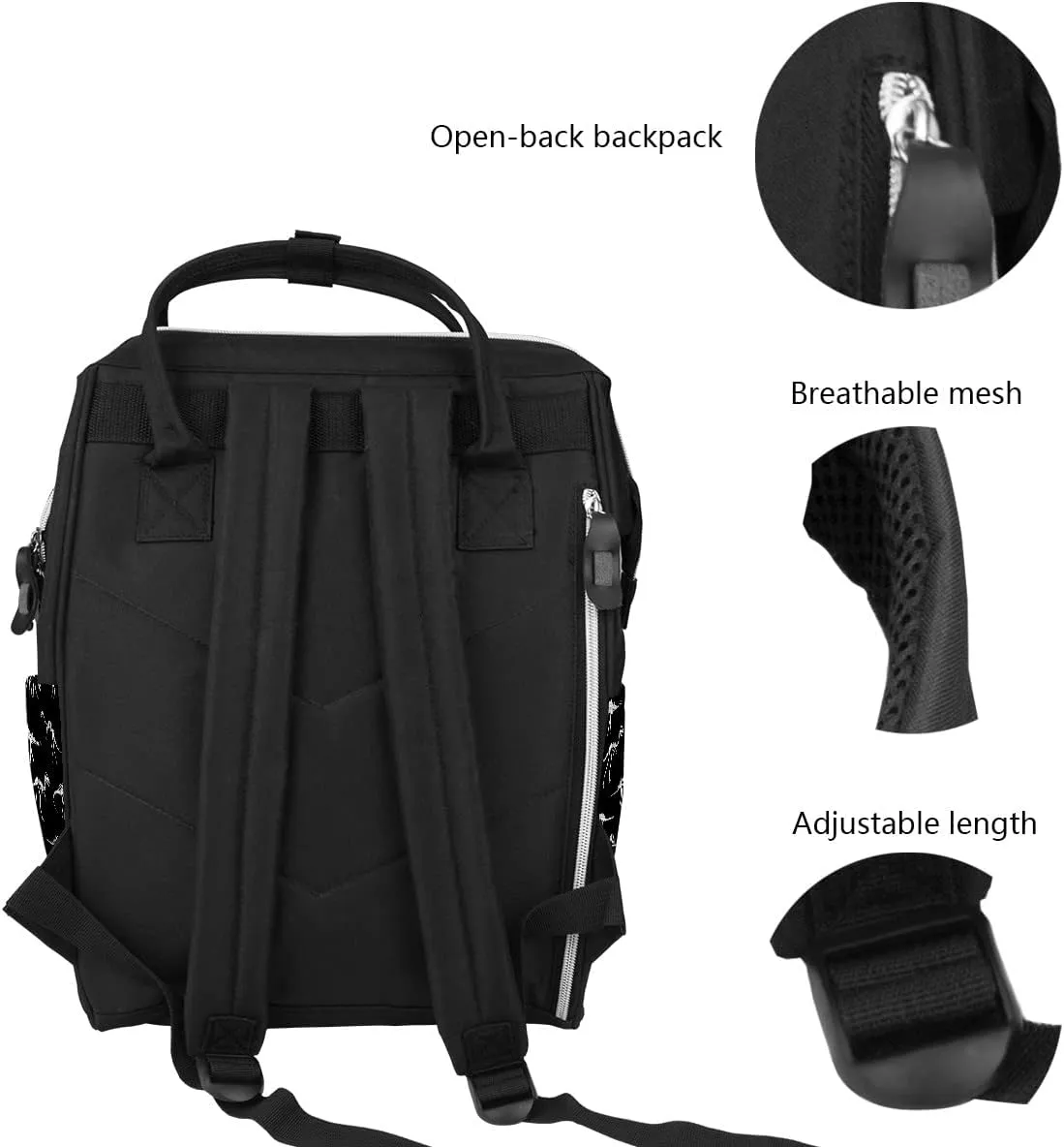 Black And White Dinosaur Skeleton Diaper Bag Travel Backpack Large Capacity Multi-Function Zipper Casual Travel Backpacks for Mom Dad Unisex